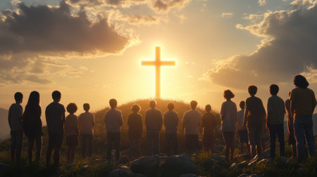 A serene gathering of people silhouetted against a glowing cross at sunset. This image captures the essence of hope, faith, and community in a beautiful natural setting.の素材