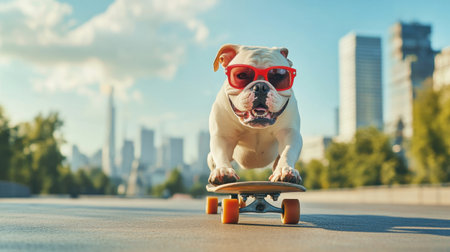A cheerful dog riding a skateboard in stylish sunglasses creates a fun and vibrant scene. This playful moment in an urban environment showcases joy and freedom.の素材