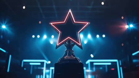 A striking star trophy illuminated with blue lighting, symbolizing victory and achievement in a competitive environment. Ideal for event and award themes.の素材