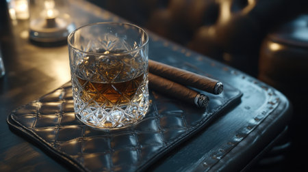 A refined scene featuring an elegant whiskey glass filled with amber liquid next to two cigars on a leather surface, exuding luxury and relaxation.の素材