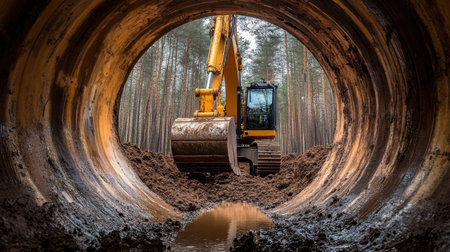 A vivid perspective of an excavator digging in a muddy tunnel. Surrounded by tall trees, this scene captures the essence of outdoor construction and earthmoving activities.の素材