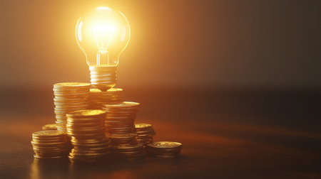 A glowing light bulb positioned atop a stack of coins symbolizes innovation and financial growth, illustrating the connection between ideas and monetary success.の素材