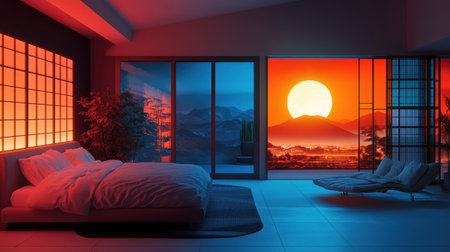 A cozy modern bedroom featuring a stunning sunset view with mountains, warm lighting, and inviting decor. Perfect for relaxation and tranquility.の素材