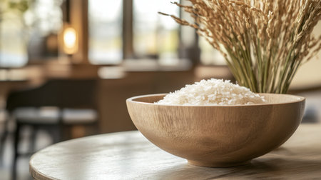 A close-up of fresh white rice presented in a wooden bowl atop a rustic table, illuminated by soft, natural light, creating a serene and cozy kitchen atmosphere.の素材