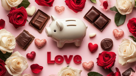 A charming arrangement featuring roses, chocolates, and a piggy bank, embodying love and romance. Perfect for Valentine Day or gifting moments.の素材