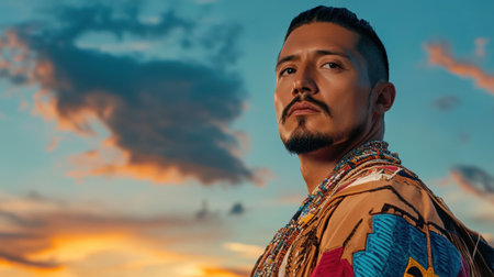 A proud indigenous man stands in traditional attire, adorned with vibrant jewelry, against a backdrop of a stunning sunset sky, symbolizing heritage and identity.の素材