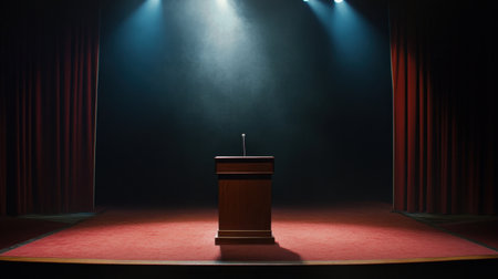 An empty stage featuring a podium under dramatic lighting, creating an atmosphere of anticipation for a presentation or performance. Perfect for themes of speech or events.の素材