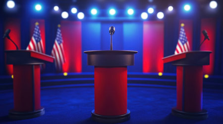 A vibrant debate stage features three empty podiums with a central microphone. American flags stand tall in the background, symbolizing democracy and political engagement.の素材