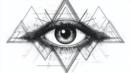 This captivating black and white illustration features a detailed eye design surrounded by intricate geometric shapes, combining art and abstraction to symbolize vision and perception.の素材