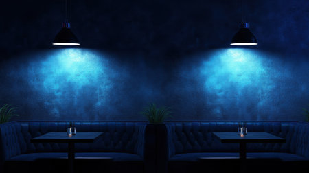 Experience a cozy ambiance in this modern cafe interior featuring stylish booths and blue lighting. Perfect for enjoying a relaxed evening with friends.の素材