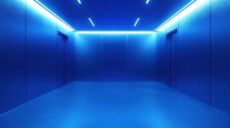 A sleek and modern blue hallway featuring vibrant neon lights. This empty space offers a futuristic atmosphere perfect for design and technology themes.の素材