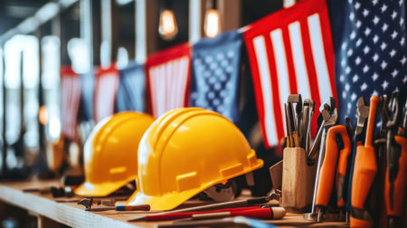 A vibrant scene showcasing yellow hard hats, various tools, and American flags arranged neatly in a workshop setting, emphasizing safety and patriotism in craftsmanship.の素材