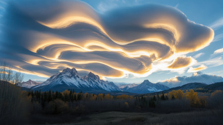 Captivating image of unique cloud formations above majestic mountains during sunset, showcasing nature's beauty and dramatic light in a serene environment.の素材