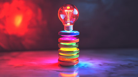 A visually striking composition featuring a stacking of colorful coins topped with a glowing light bulb, set against a marble surface, symbolizing creativity and innovation.の素材