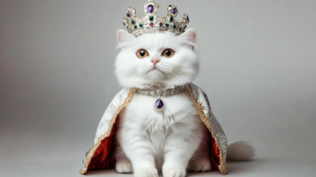 Exquisite Persian cat exudes royalty with a sparkling crown and cape. This stunning portrait captures the cat's elegance and playful personality in a serene studio setting.の素材