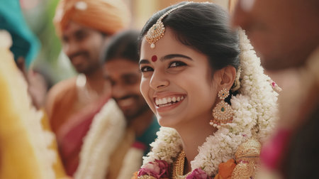 A joyful woman adorned in traditional attire showcases her bright smile at a festive celebration filled with colorful flowers and vivid expressions, reflecting cultural heritage and happiness.の素材