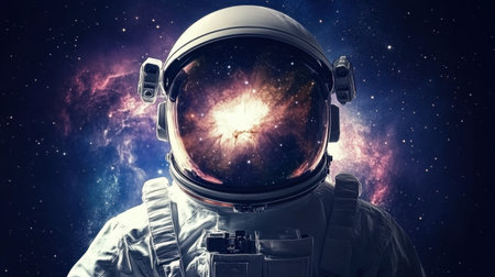 Captivating portrait of an astronaut against a vibrant cosmic backdrop, showcasing galactic wonders and reflecting the beauty of outer space exploration and imagination.の素材