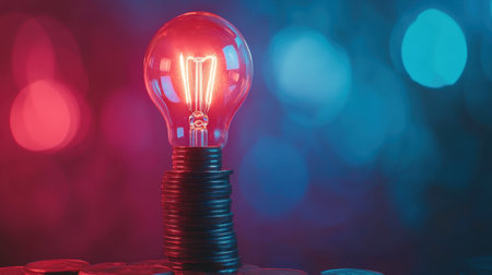 A vibrant light bulb sits atop a stack of coins, representing innovation and financial growth. The colorful glow enhances the artistic atmosphere of the scene.の素材