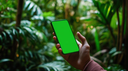 A hand holds a smartphone with a blank screen surrounded by lush greenery. The vibrant tropical foliage offers a serene backdrop, perfect for showcasing technology in nature.の素材