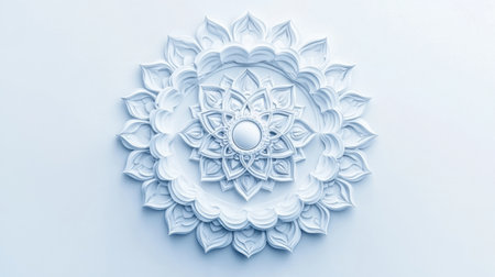 This image features an elegant white mandala design with intricate patterns, creating a serene focal point on a soft background. Perfect for art and decor themes.の素材