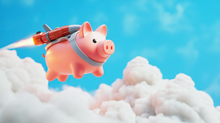 A whimsical illustration of a pig soaring through a bright blue sky with rocket boosters, embodying a spirit of adventure and playful imagination.の素材