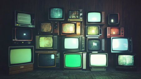 A captivating arrangement of vintage televisions displayed on a wall, showcasing various screen shapes and colors. This nostalgic collection highlights the evolution of technology in home entertainment.の素材