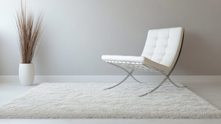 A stylish modern chair rests on a plush rug against a soft gray wall, creating a cozy and inviting atmosphere in a minimalist interior space.の素材