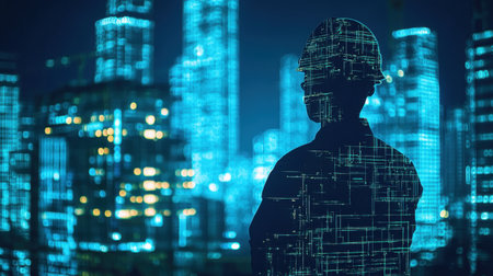 A striking silhouette of an engineer stands against a vibrant, futuristic city skyline illuminated by blue lights at night, conveying innovation and progress in urban development.の素材