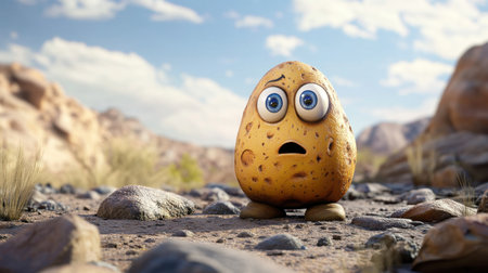 This playful cartoon potato character features big expressive eyes and a surprised expression, set against a vibrant desert landscape. Perfect for whimsical projects.の素材