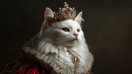 A majestic white cat adorned with an ornate crown and luxurious robe sits elegantly, showcasing a blend of beauty and royal charm in a captivating portrait.の素材