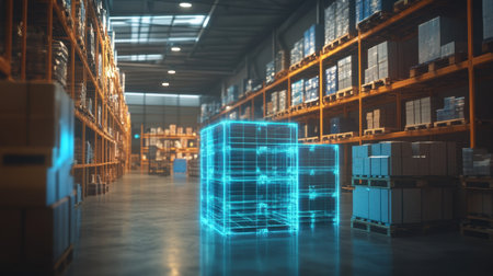 A high-tech warehouse interior showcasing digital 3D representations of cargo pallets. Perfect for depicting logistics, inventory management, and modern storage solutions.の素材