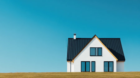A stunning modern minimalist house sits on a lush green hill under a clear blue sky. This picturesque scene captures tranquility and simplicity in design.の素材