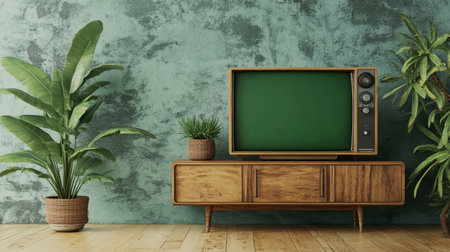 A charming retro living room scene featuring a vintage television on a wooden console, surrounded by lush green plants. The textured green wall adds a serene touch.の素材