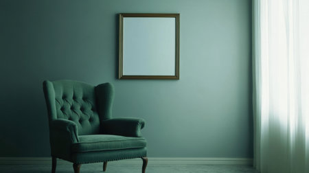 A serene and elegant green chair positioned in a minimalist interior, featuring an empty frame on the wall and soft light filtering through a curtain.の素材