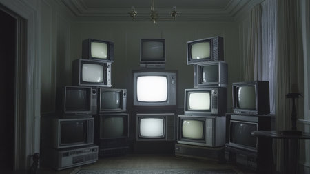 A captivating scene featuring an arrangement of vintage televisions in a retro room, highlighting nostalgia and classic technology. Soft lighting creates an atmospheric setting.の素材