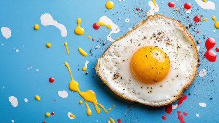 A vibrant and artistic representation of a fried egg on a bright blue surface, surrounded by colorful splashes, highlighting freshness and creativity in food photography.の素材