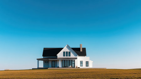 A modern home stands elegantly against a vast green landscape, showcasing minimalist architecture. The clear blue sky enhances the serene atmosphere, inviting tranquility.の素材
