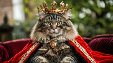 A majestic cat adorned with a crown and a royal cloak poses confidently outdoors, showcasing its regal demeanor and charming personality in a vibrant setting.の素材