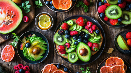 A vibrant display of fresh fruits on a rustic wooden table, featuring an assortment of berries, citrus, and tropical fruits. Perfect for healthy eating concepts.の素材