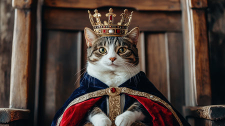 A regal cat adorned with a crown and a flowing robe sits proudly on a throne, exuding an air of majesty and charm in a cozy indoor setting.の素材