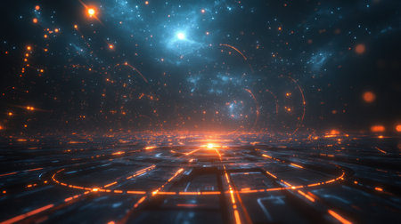 This stunning futuristic landscape features glowing lights and starry visuals, creating a mesmerizing and immersive digital environment for creative projects.の素材