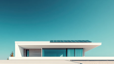 This image features a striking modern minimalist house equipped with solar panels, set against a clear blue sky, symbolizing sustainability and contemporary design.の素材