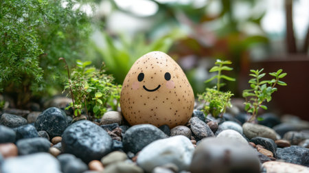 A cheerful smiling egg character rests among smooth stones, surrounded by lush greenery, creating a whimsical and joyful atmosphere in a natural setting.の素材