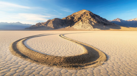 A stunning desert landscape featuring tire tracks imprinted on cracked earth, framed by a majestic mountain under a clear blue sky, inviting exploration.の素材