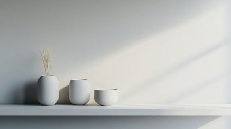 Discover a serene minimalist decor featuring three elegant white vases on a shelf, casting gentle shadows against a softly lit background.の素材