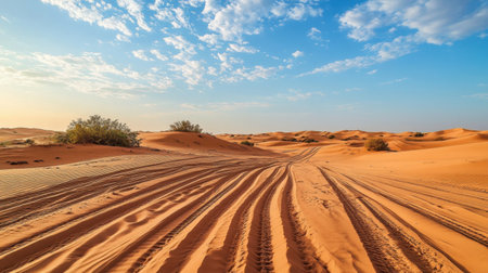 Explore a stunning desert landscape featuring soft sand dunes and prominent tire tracks leading into the horizon. The sky showcases gentle clouds under warm sunlight.の素材