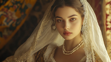 A stunning portrait of an ethereal woman wearing an elaborate dress and veil, adorned with pearls. The soft light highlights her serene expression and vintage elegance.の素材