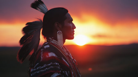 A striking profile of an indigenous man adorned with feathers, set against a vibrant sunset horizon. This image captures the essence of culture and connection to nature.の素材