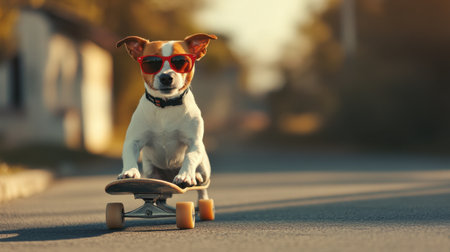A playful dog wearing sunglasses rides a skateboard down a sunny street, showcasing its adventurous spirit and love for fun in the outdoors.の素材