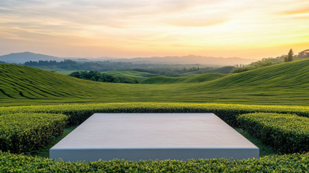 Stunning landscape showcasing a modern platform amidst lush greenery and hills. The sunset casts a warm glow, creating a serene and tranquil atmosphere.の素材
